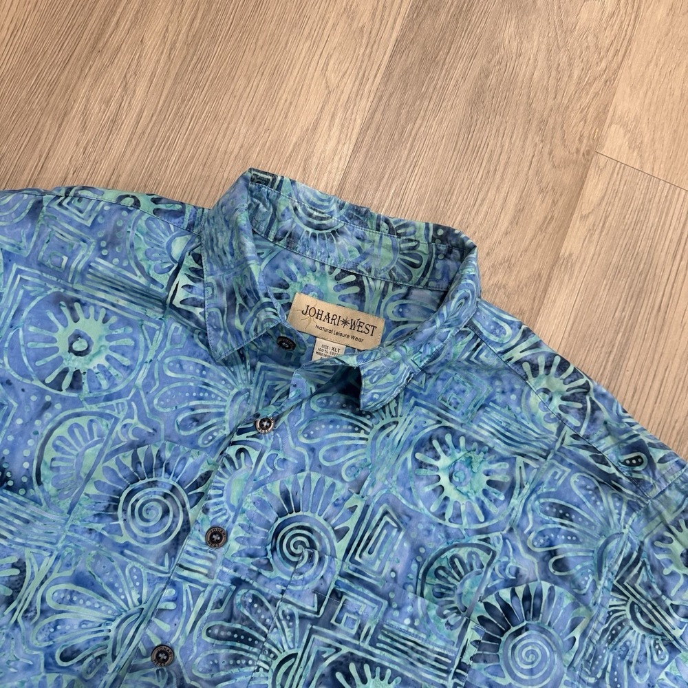 Johari West Mens XLT Hawaiian Shirt Batik 100% Cotton Blue Green Tropical